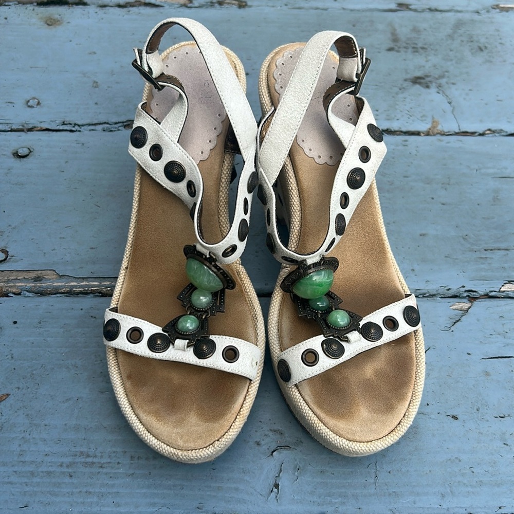 Suede Ivory Leather Jewel Faux Stone Thong Wedge Sandals